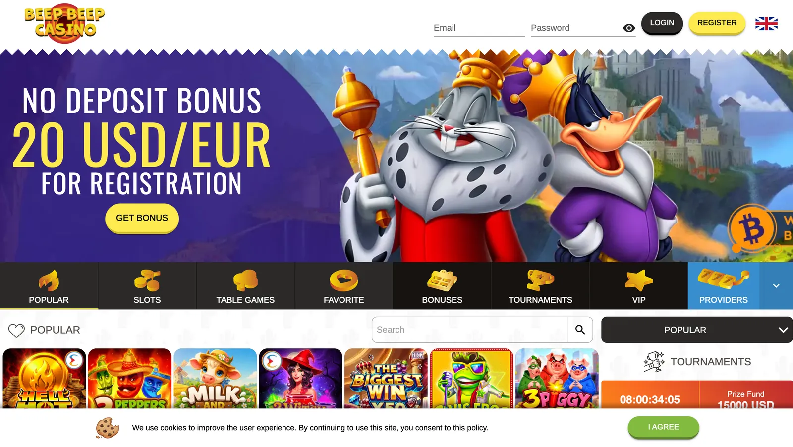 Strona główna serwisu Beep Beep Casino z prezentacją oferty gier